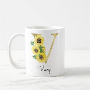 Monogram Gold Sunflower Girly Floral Initial V Coffee Mug