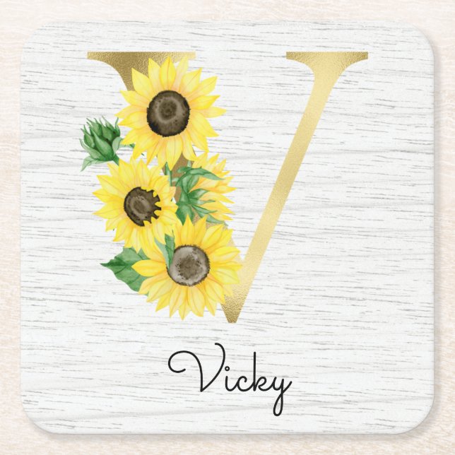 Monogram Gold Sunflower Girly Floral Initial V Square Paper Coaster (Front)