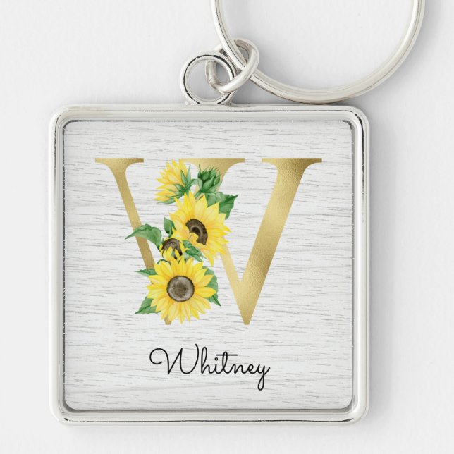 Monogram Gold Sunflower Girly Floral Initial W Key Ring (Front)