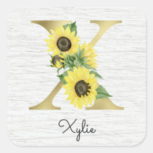 Monogram Gold Sunflower Girly Floral Initial X Square Sticker