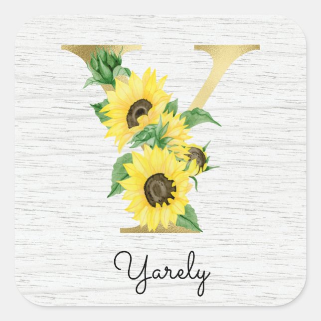 Monogram Gold Sunflower Girly Floral Initial Y Square Sticker (Front)