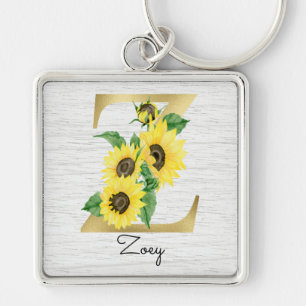 Monogram Gold Sunflower Girly Floral Initial Z Key Ring