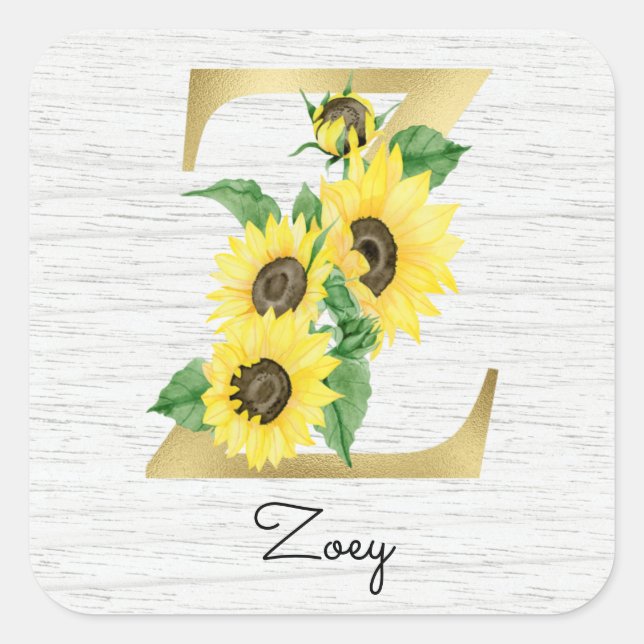 Monogram Gold Sunflower Girly Floral Initial Z Square Sticker (Front)