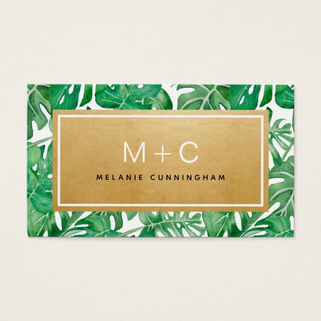 Monogram Gold Tropical Leaves Business Cards (Front)