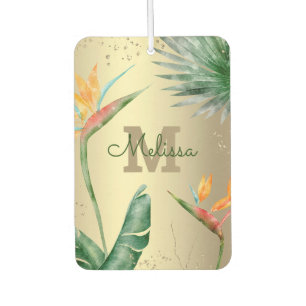 Monogram Gold Tropical Palm Foliage Floral Script Car Air Freshener
