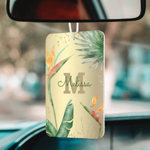 Monogram Gold Tropical Palm Foliage Floral Script Car Air Freshener