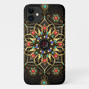 Monogram Gold Turquiose Red Mandala Jewel  iPhone 11 Case