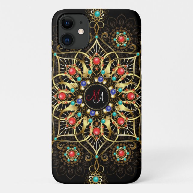 Monogram Gold Turquiose Red Mandala Jewel  Case-Mate iPhone Case (Back)