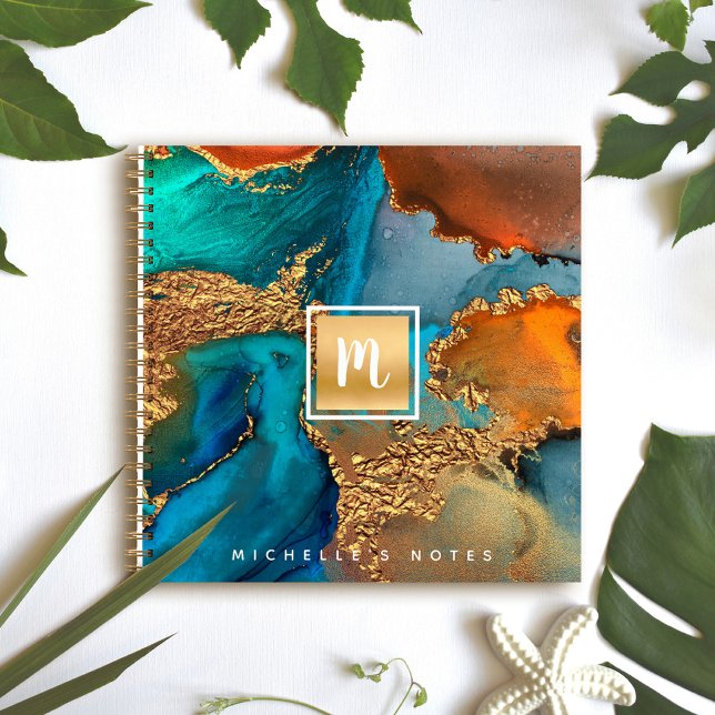 Monogram gold turquoise agate watercolor square notebook (Creator Uploaded)