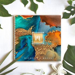 Monogram gold turquoise marble watercolor square notebook