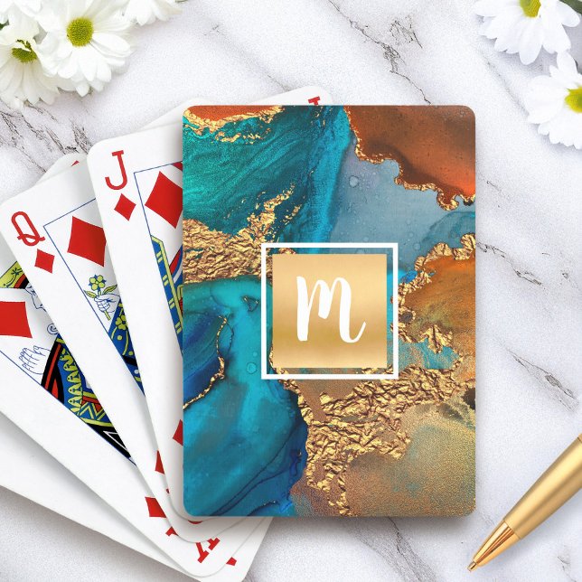 Monogram gold turquoise orange marble watercolor  playing cards (Creator Uploaded)