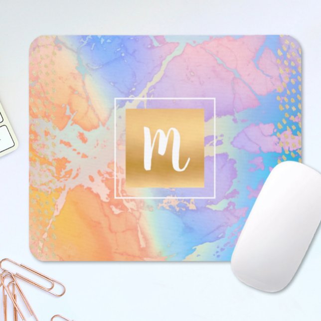 Monogram gold turquoise orange purple watercolor mouse mat (Creator Uploaded)