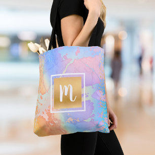 Monogram gold turquoise orange purple watercolor tote bag