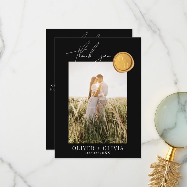 Monogram gold wax seal photo wedding  thank you card (Front/Back In Situ)