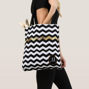Monogram Gold, White & Black Chevron Design Tote Bag