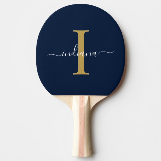 Monogram Gold White Script Name Modern Family Ping Pong Paddle (Front)