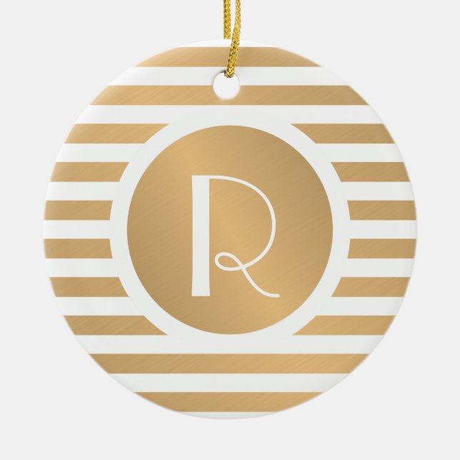 Monogram Gold & White Stripes Circular Ceramic Tree Decoration (Front)