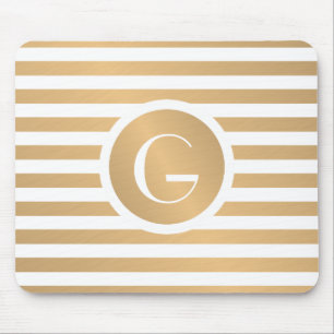 Monogram Gold & White Stripes Mouse Mat
