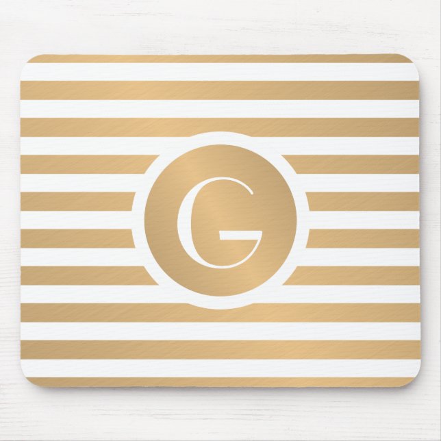 Monogram Gold & White Stripes Mouse Mat (Front)