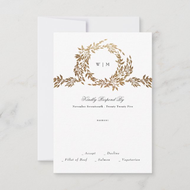 Monogram | Gold Wreath Classic Elegant Wedding RSVP Card (Front)
