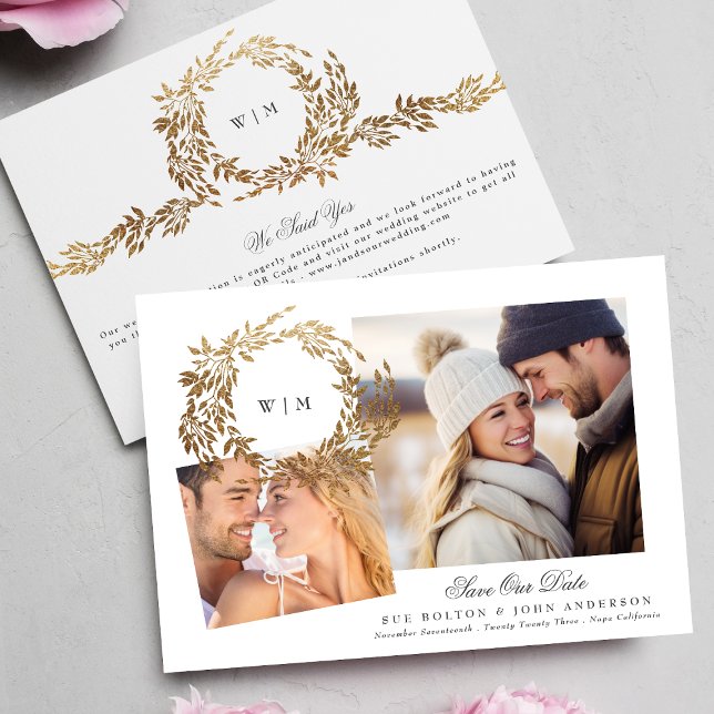 Monogram Gold Wreath Collage Photo Wedding Save The Date (Creator Uploaded)