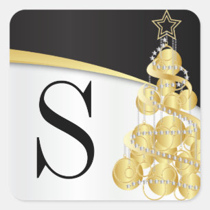 Monogram Golden Black Merry Christmas Square Sticker
