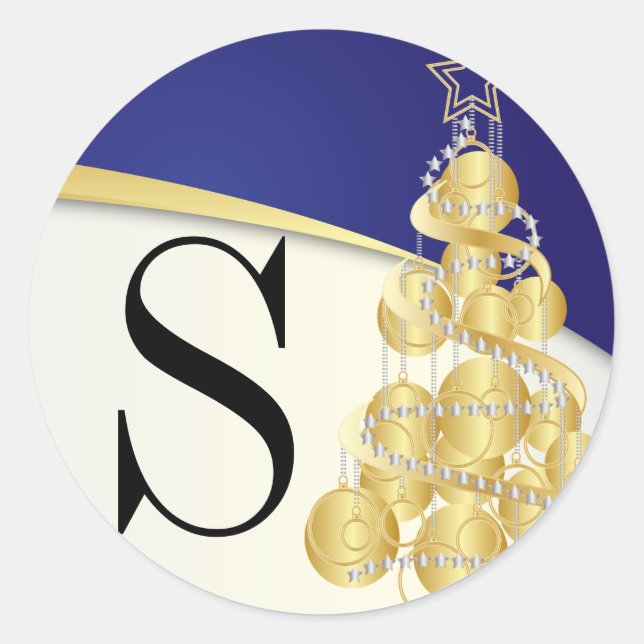 Monogram Golden Blue Merry Christmas Classic Round Sticker (Front)