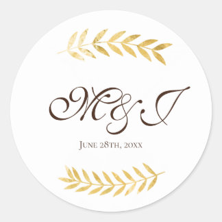 Monogram Golden Leaves Branches and Dark Brown Classic Round Sticker
