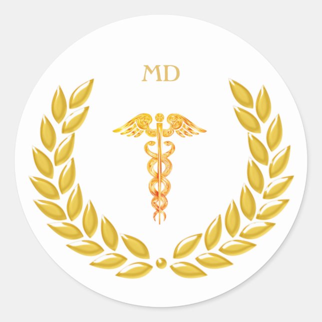 Monogram & Golden Medical Doctor Caduceus Classic Round Sticker (Front)