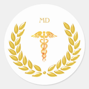 Monogram & Golden Medical Doctor Caduceus Classic Round Sticker