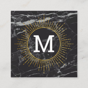 Monogram Golden Shine Black Marble Square Business Card