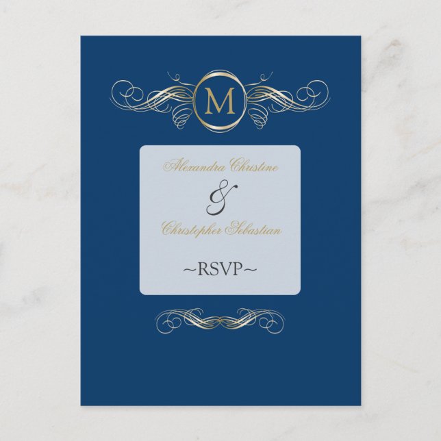 Monogram Golden Swirls Elegant Blue RSVP Invitation Postcard (Front)