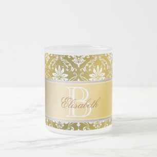 Monogram Golden Yellow and White Damask Frosted Glass Coffee Mug