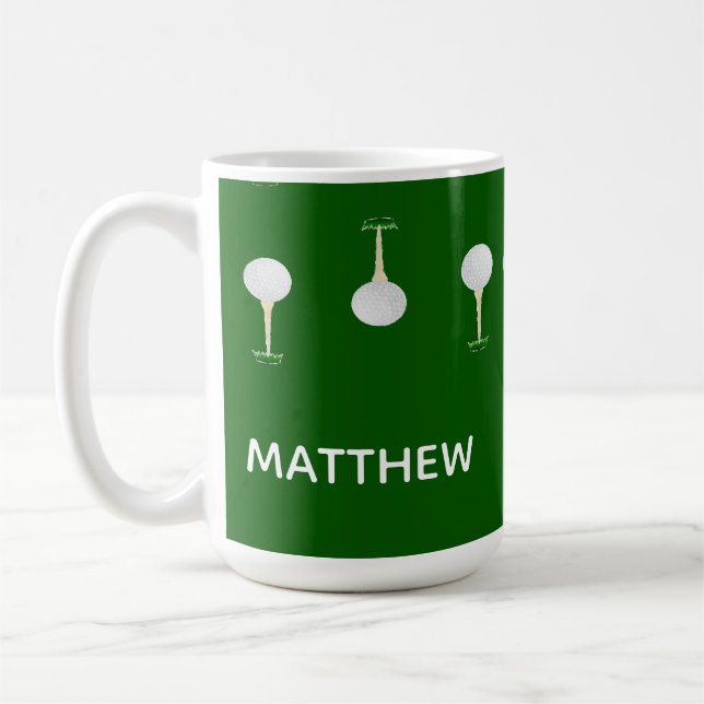Monogram golf balls pattern on green coffee mug (Left)
