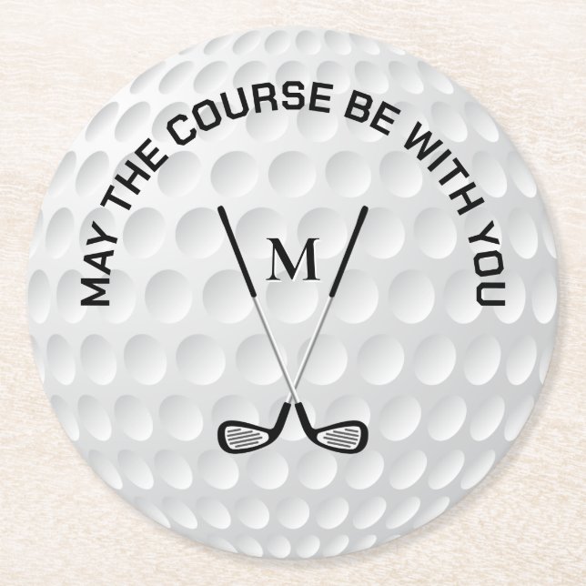 Monogram golfing crossed clubs custom text round paper coaster (Front)