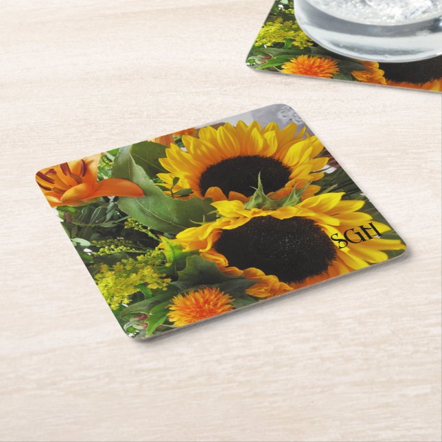 Monogram Gorgeous Sunflowers Print Square Paper Coaster (Angled)
