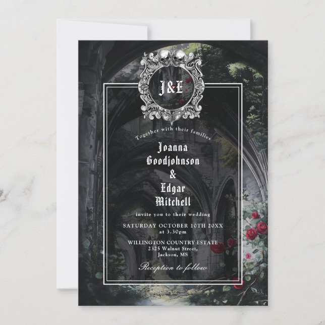Monogram Gothic Ruins Roses Floral Wedding Invitation (Front)