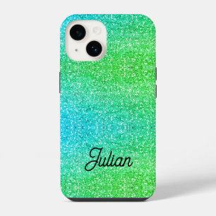 Monogram gradient blue and green glitter sparkle iPhone 14 case