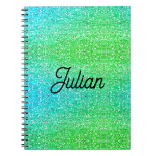 Monogram gradient blue and green glitter sparkle notebook