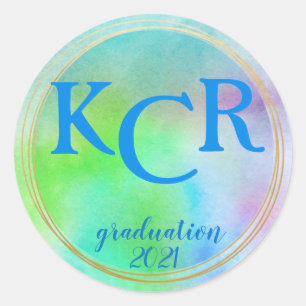 Monogram Graduation year Watercolor Gold Doodles  Classic Round Sticker