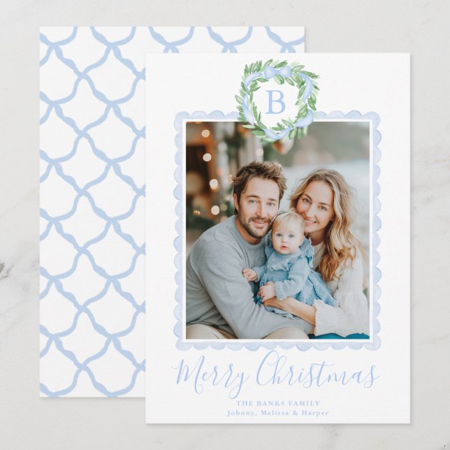 Monogram Grandmillennial Christmas Wreath Bow Holiday Card (Front/Back)