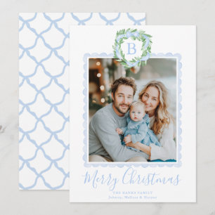 Monogram Grandmillennial Christmas Wreath Bow Holiday Card