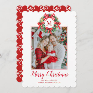 Monogram Grandmillennial Christmas Wreath Bows Holiday Card