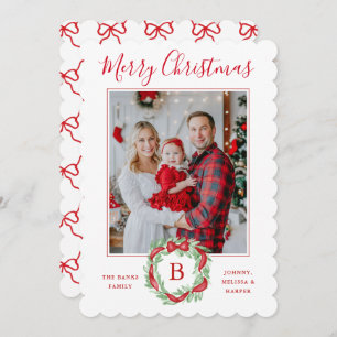 Monogram Grandmillennial Christmas Wreath Bows Holiday Card