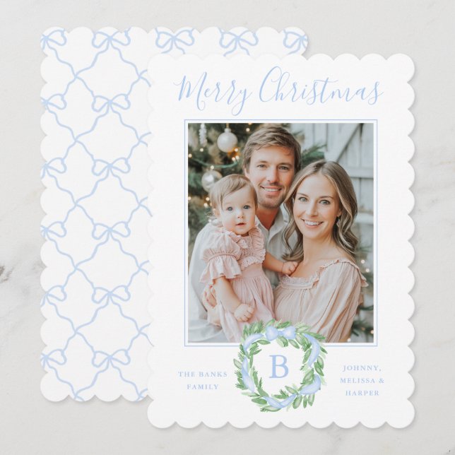Monogram Grandmillennial Christmas Wreath Bows Holiday Card (Front/Back)