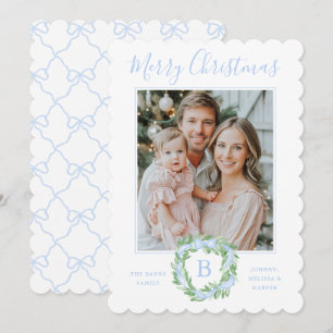 Monogram Grandmillennial Christmas Wreath Bows Holiday Card