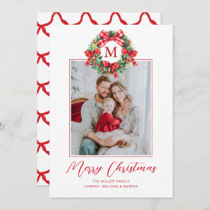 Monogram Grandmillennial Christmas Wreath Bows Holiday Card