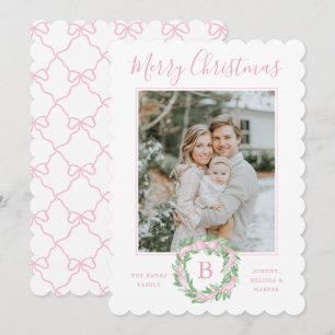 Monogram Grandmillennial Christmas Wreath Bows Holiday Card