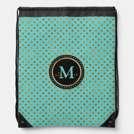 Monogram | Graphic Gold Aqua Polka Dots Drawstring Bag