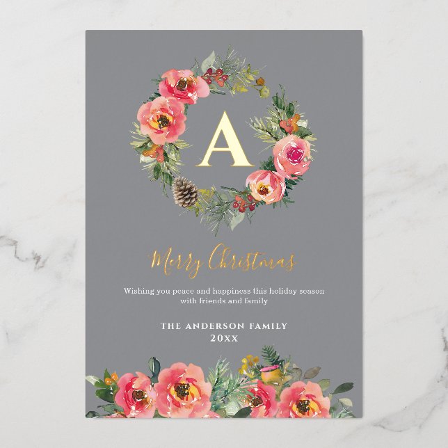 Monogram Gray Floral Botanical Wreath Christmas Foil Holiday Card (Front)